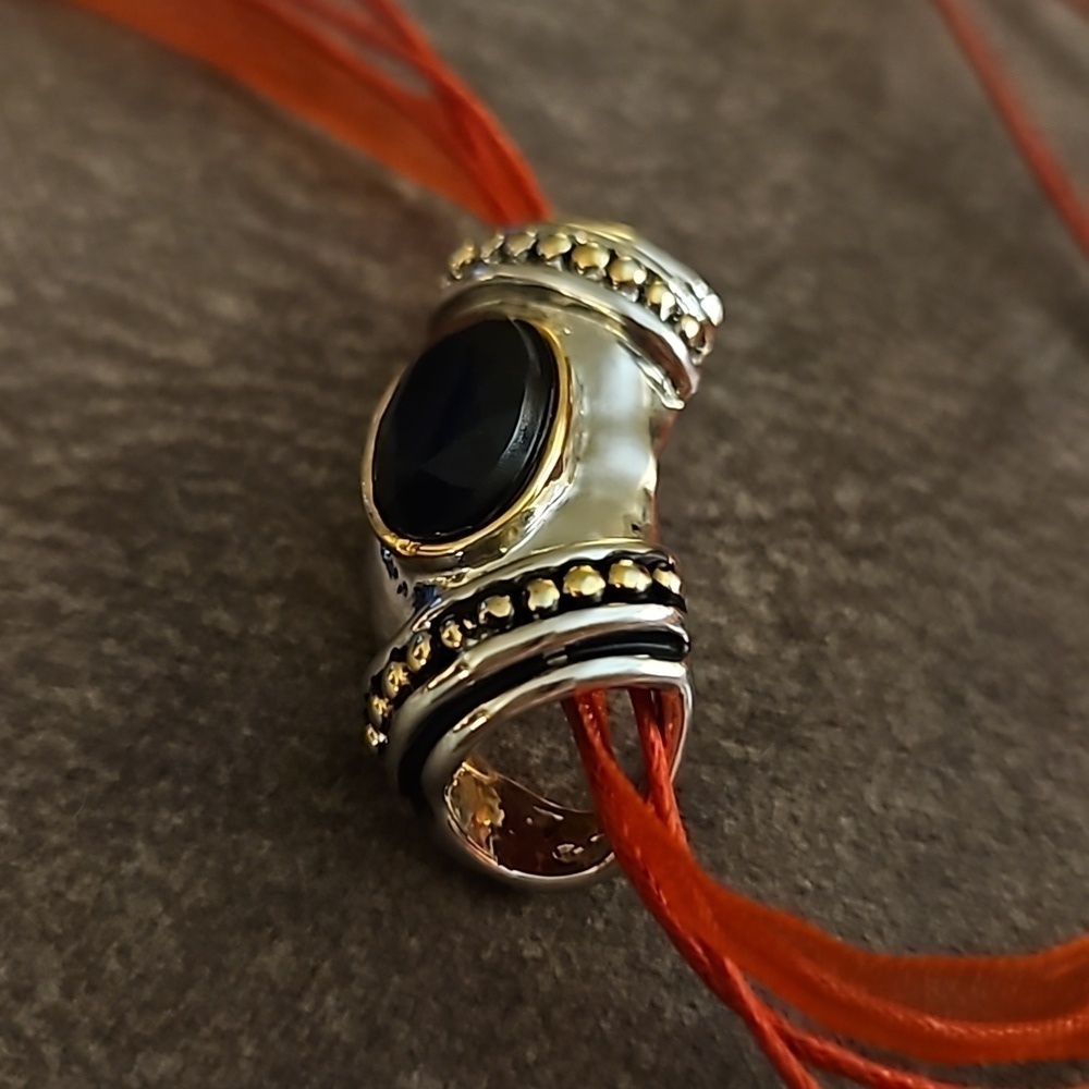 Vintage Stainless Steel Black Gem Slider Pendant Ribbon Necklace - Picture 4 of 6